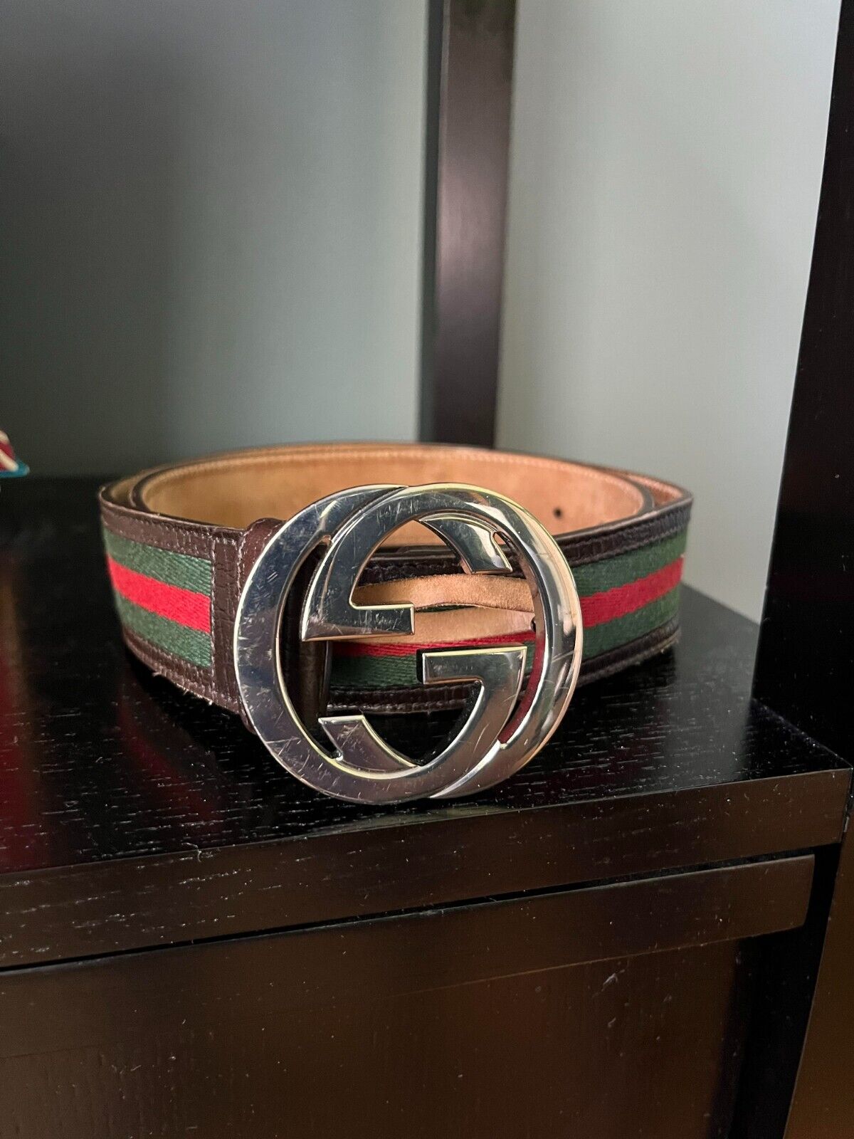 100% Authentic GG Silver Buckle Gucci Black leather belt Green/Red/Green