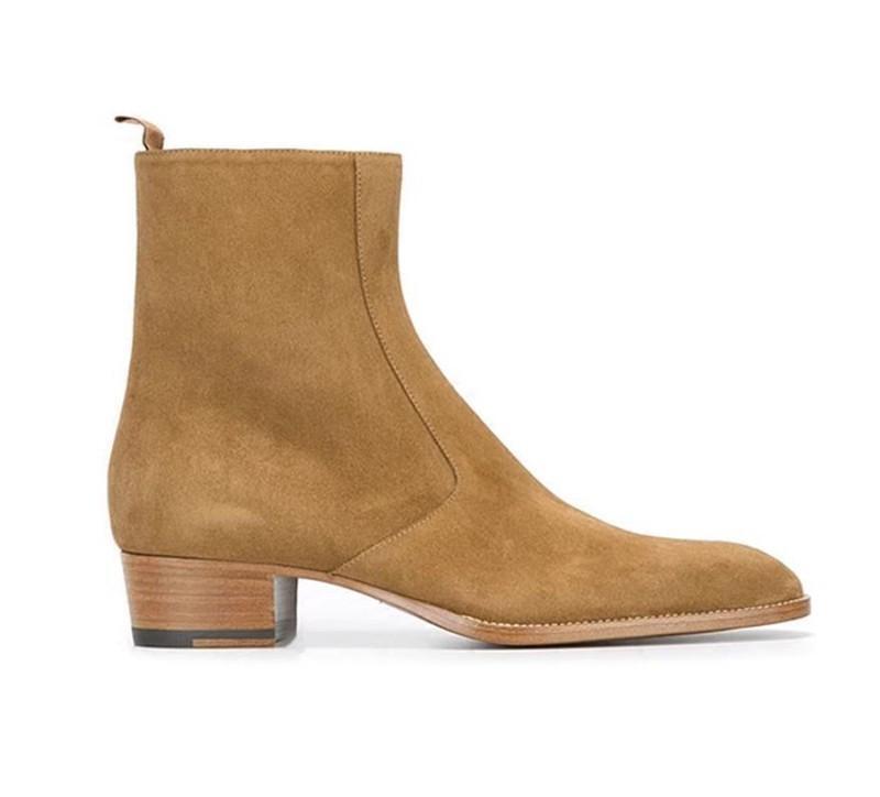 Men's Pointed Toe Suede Chelsea Boots with Block Heel for Dress or Party