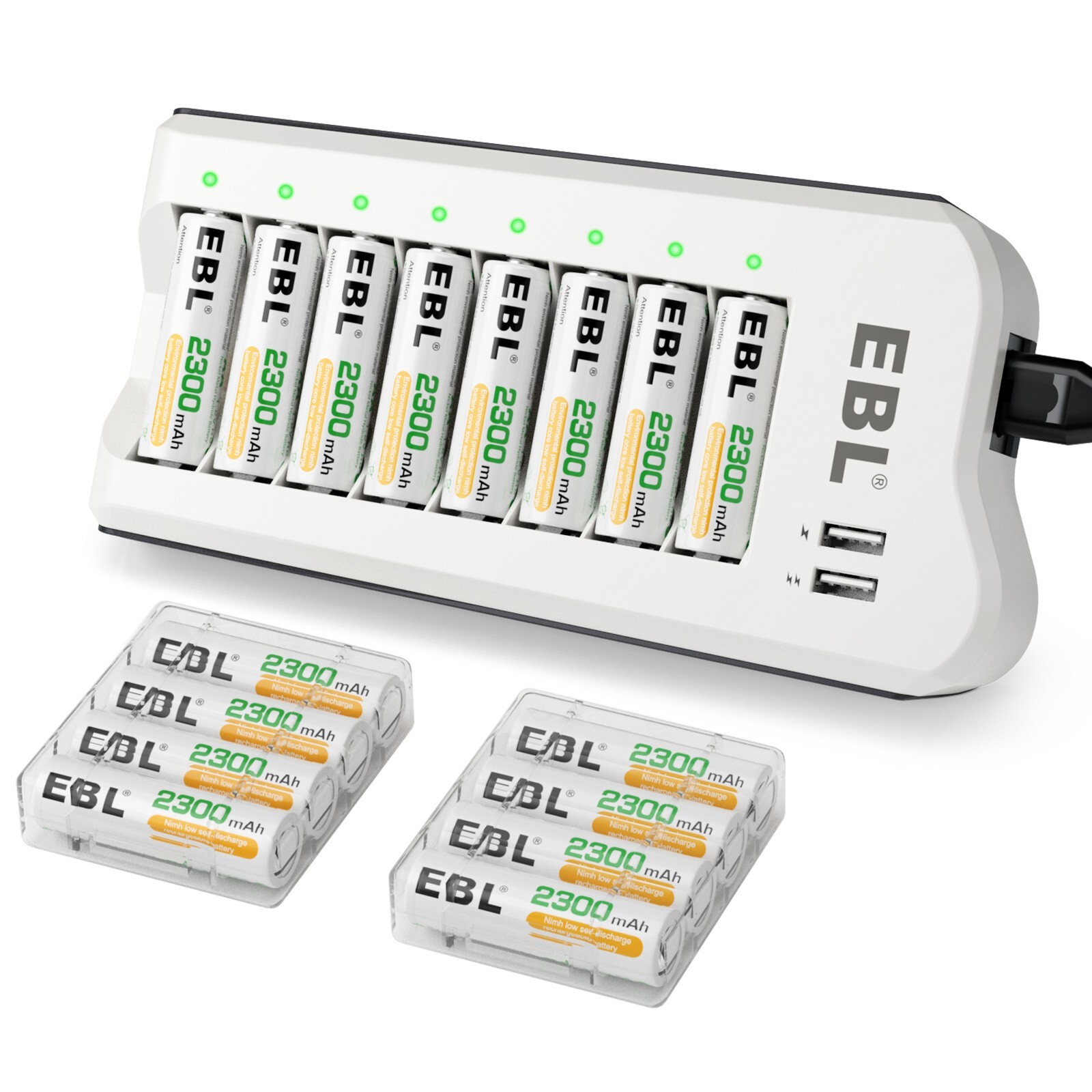 EBL Rechargeable AA  Batteries 2300mah 16pcs 1.2V w/ Charger with USB