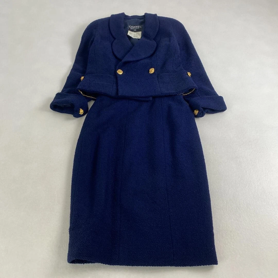 Tuta Chanel Vintage Gonna Tuta Tweed Lana Seta Navy Oro Bottoni Love Giacca Set