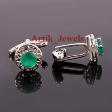 Natural Green Onyx Gemstone With 14K White Gold Plated Silver Cufflink 692
