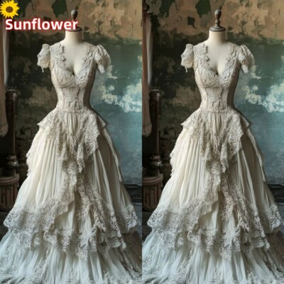 Medieval Victorian Evening Dresses Vintage Satin Appliques Corset Party Gowns