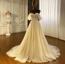 Glitter A-line Wedding Dresses Off Shoulder Pearls Beach Tulle Bridal Gowns