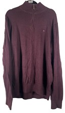 Tommy Hilfiger Jumper Mens Large XL Red Logo 1/4 Zip Cashmere Designer Top Adult