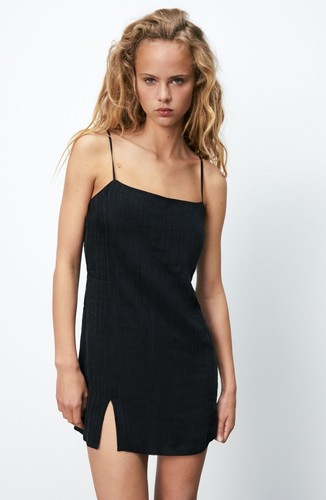 NWT Zara Black Slip Mini Dress Crinkle Satin with Slit Size XS Women's