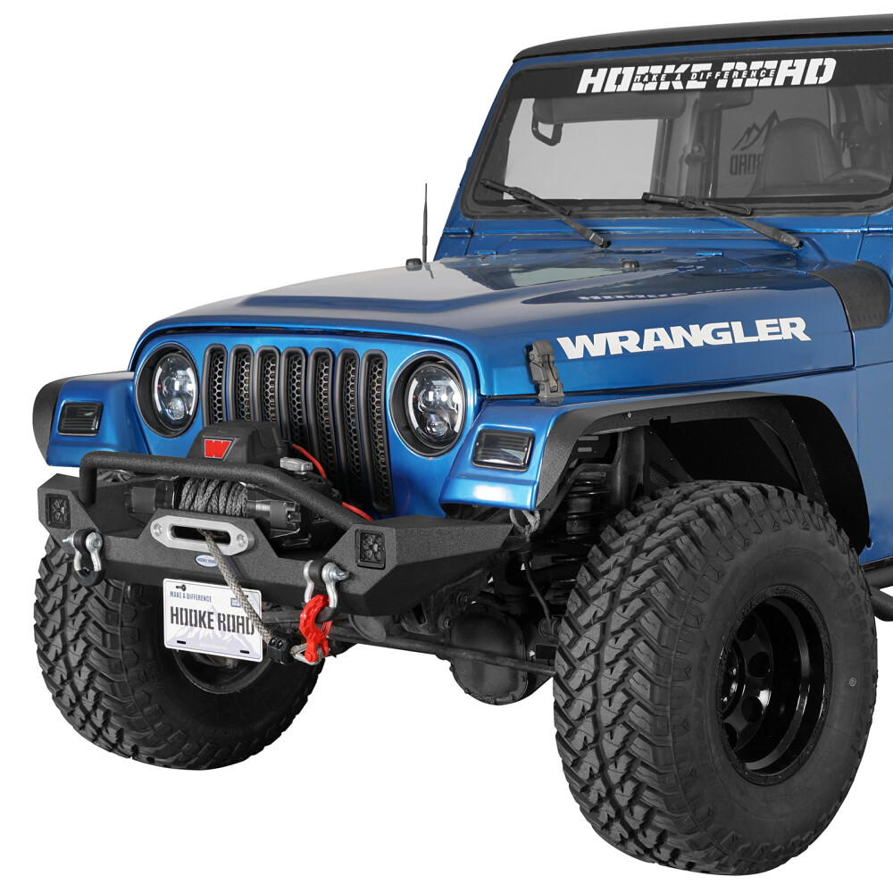 Hooke Road Steel Front Bumper Winch Plate LED Lights For 97-06 Jeep Wrangler TJ 