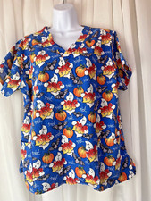 Scrubwear Large Bats Ghosts Boo Pumpkins Blue Halloween Scrub Top 2 pockets Fall