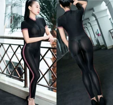 Women Uniform Zipper  Bodysuit Transparent Club Wear Shiny Soft  Sports Leotard 