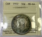 Canada 1952 50 Cent ICCS MS 64 Very  Choice UNC  George VI Unbelievable Colour!
