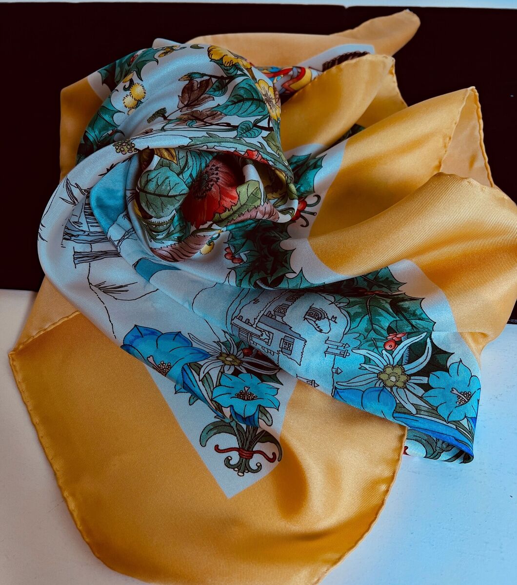 Authentic Vintage Gucci Silk Scarf with Winter Motif by V Authentic Vintage Gucci Silk Scarf with Winter Motif by V