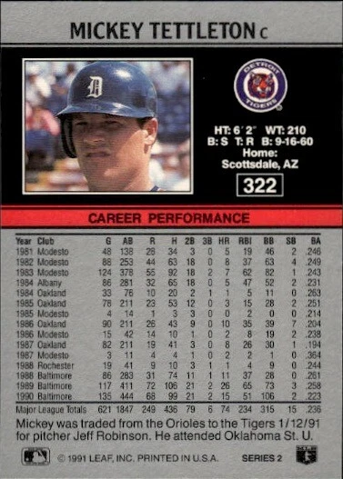 1991 Leaf #322 Mickey Tettleton - Image 2 of 2