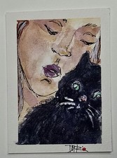 Original ACEO BlackCat / Woman Watercolor Abstract Dulce Maria Rico"MON CHERIE"