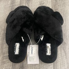 Old Navy Womens Faux Fur Criss-Cross Slide Slippers Black Fuzzy House Shoes NEW