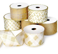 Gold Wired Ribbon for Christmas Tree Wire Burlap Ribbons 2.5 in, 36 Yards