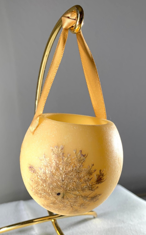 PURE BEESWAX ORNAMENT IMPRESSED W/NATURAL FLORA ~ HANGS FROM GOLD RIBBON ~ NEW