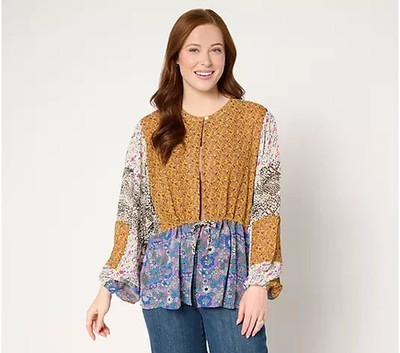 LOGO Lavish by Lori Goldstein Woven Mix Multi Print Topper 1X NEW