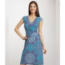 Evan-Picone Faux Wrap Medallion Paisley Dress 10 Teal Purple Cap Sleeve V-Neck