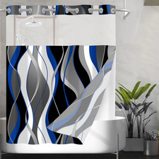 No Hook Shower Curtain and Liner Set Blue Striped Shower Curtain with Snap in Li