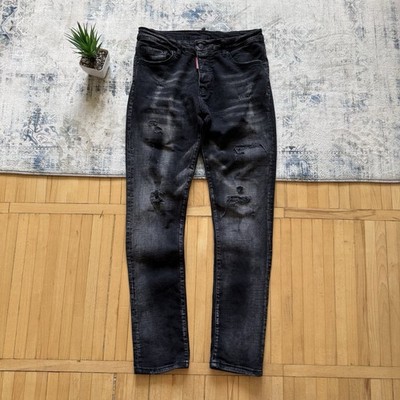Dsquared2 Tidy Biker Mens Jeans Black Distressed Drip Denim Size 48