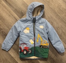 Mini Boden Sherpa Lined Full Zip Jacket Boys 9-10 Blue Construction Tractors NWT