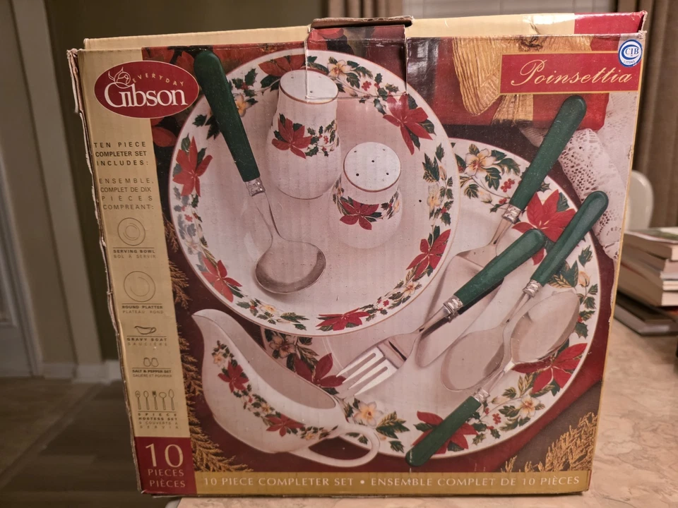 Gibson Poinsettia Vajilla Navidad Vacaciones Juego de 88 Piezas y Completador de 10 Piezas Foto 3 de 4