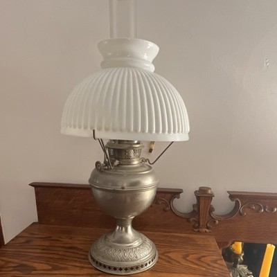 Antique Bradley & Hubbard Oil Lamp Nickel Base White Ribbed Milk Glass Shade