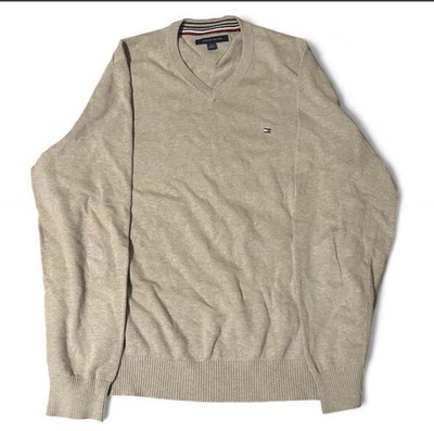 Tommy Hilfiger Men s V-Neck Pullover Sweater Cotton Knit Logo Beige L/G