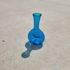 Vintage Blenko #441 S Donut Vase Pinched center Turquoise Blue 8"