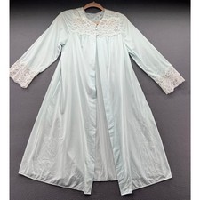 VTG Shadowline Robe Womens M Blue Lace Trim Long Sleeve Button Front Pockets