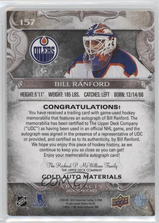 2024-25 Upper Deck Artifacts Legends Gold Material /65 Bill Ranford #157 Auto - Image 2 of 2