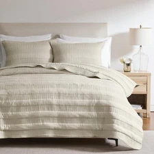 Beige Striped King Size Quilt Set, Lightweight Pick Stitch Bedspread with 2