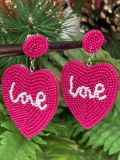 Large Love Heart Valentine Earrings - Pierced Dangle Drop Beaded 2.5