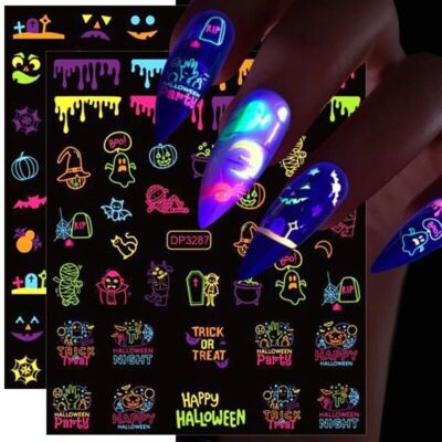 Luminous Halloween Pumpkin Ghost Skull 3D Nail Stickers Glow In Dark Decals NH16
