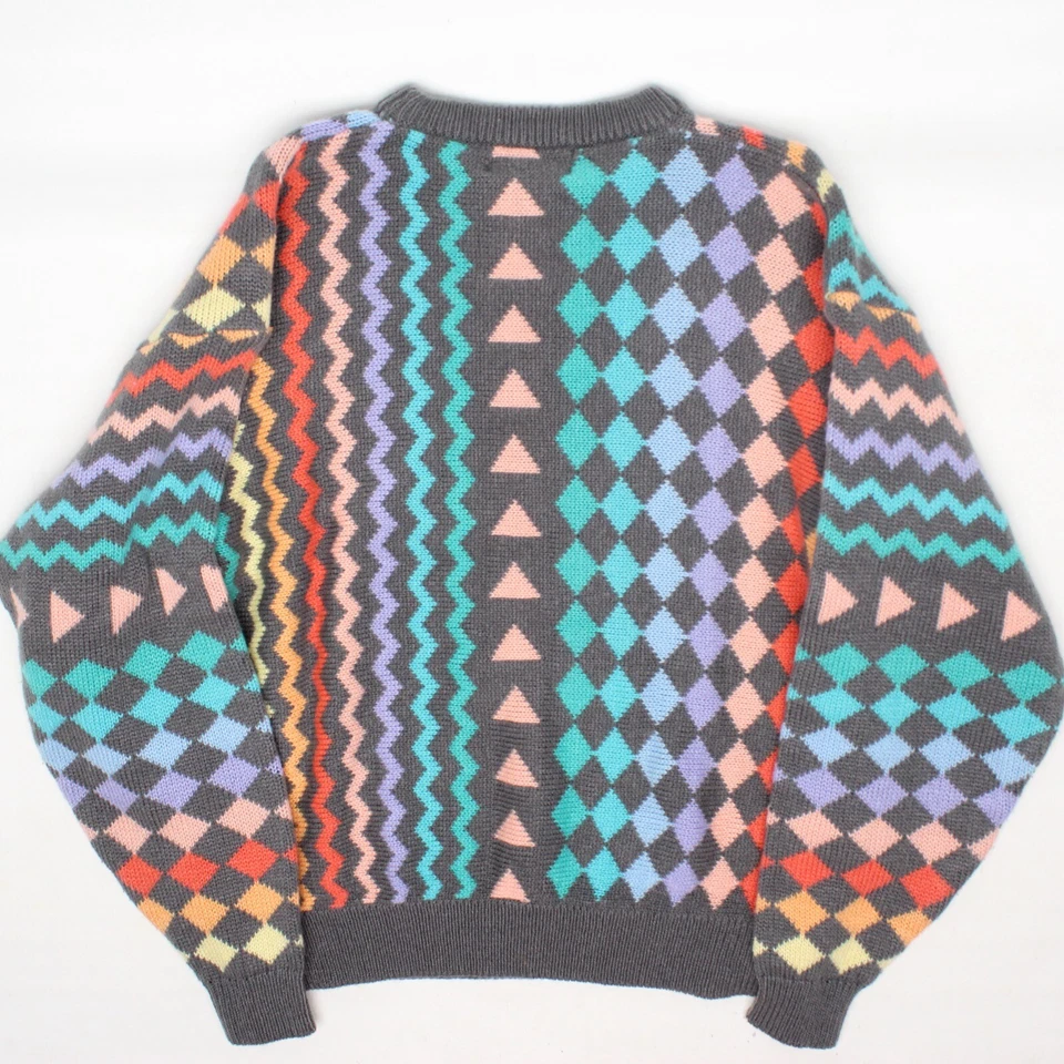 VTG Saturdays Sweater Mens L Gray Teal Purple Pink Red Geometric Knit Crewneck - Image 2 of 4