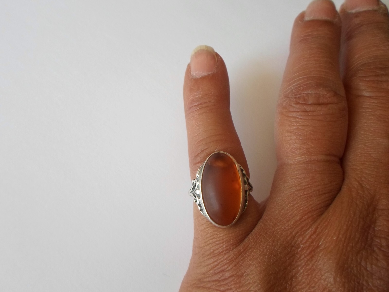 solid silver ring, amber shuttle, heart outline, … - image 5
