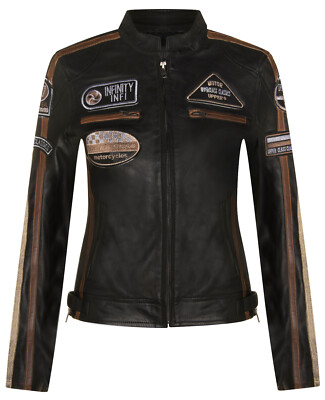 Damen-Bikerjacke schwarz Leder Retro lässig Reißverschluss Rennen Motorrad Abzeichen