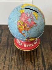 Vintage The Ohio Art Co. Globe World Bank Tin Toy Coin Bank Made in USA