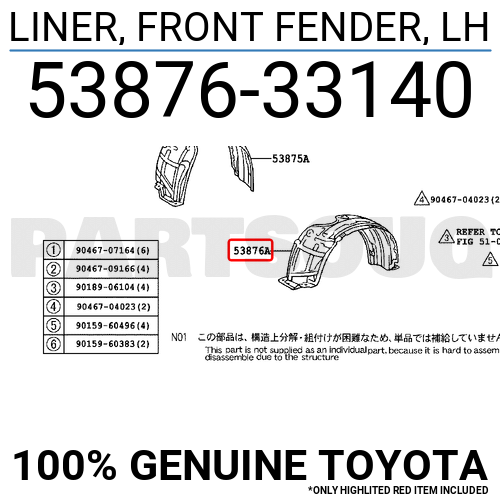 5387633140 Genuine Toyota LINER, FRONT FENDER, LH 53876-33140 | eBay