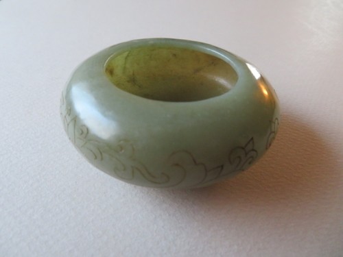 CHINESE CELADON GREEN JADE BRUSH WASHER, TRANSLUCENT, INCISED - QING TO REPUBLIC