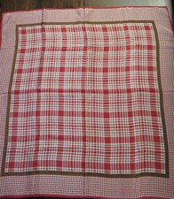 Vintage Anne Klein Silk Scarf Red Checked Plaid w/ Brown Border 30"