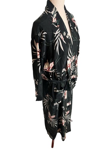 Vtg Tommy Bahama Black & Pink Tropical Floral 100% Silk Tie Robe Pockets Small - Picture 3 of 9