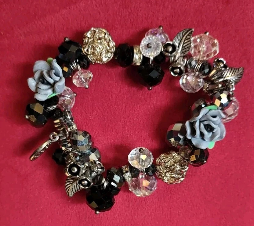 Loculi Armband Bettelarmband Modeschmuck Perlen Rosen Silber blau schwarz neu  - Bild 3 von 4