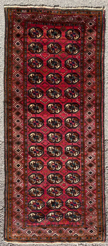 VINTAGE TEKKE RUNNER, HAND MADE HALLWAY RED TURKOMAN RUG CARPET 6'9" x 2'10"