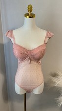 Women  s Pink Lace Mesh Sweetheart Cut Out Ruffle Bodysuit Teddy Lingerie S