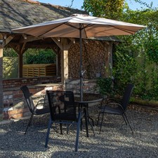 Outdoor 4 Person Round Glass Top Dining Table Chairs With Beige Parasol & Base