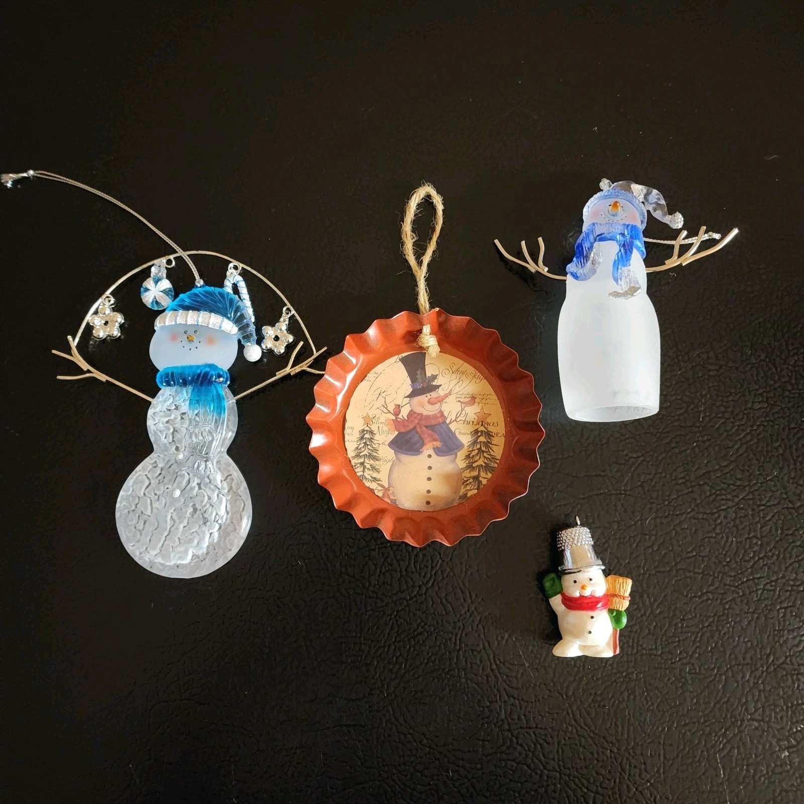 Vintage Lot (4) Snowman Ornaments Glass Acrylic Porcelain Tin Snowmen Christmas 