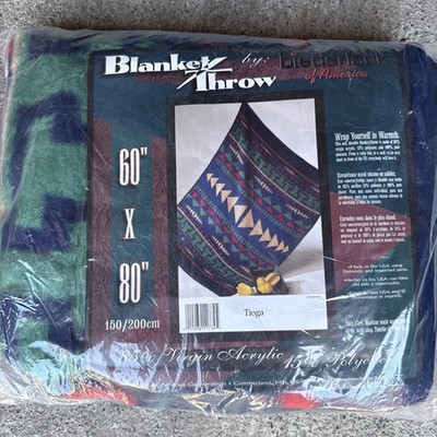 BIEDERLACK Blanket Aztec Southwest Plush Blue Red Green Reversible VTG NEW 60x80