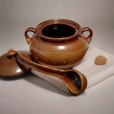 Vintage Brown Glaze Pottery Stoneware Crock Bean Pot with 2 Handle, Lid ,Ladle 