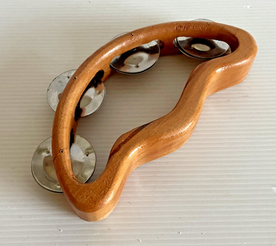 Half Moon Tambourine D Shaped Wooden Single Row 4 Jingles 7 Inch NEW