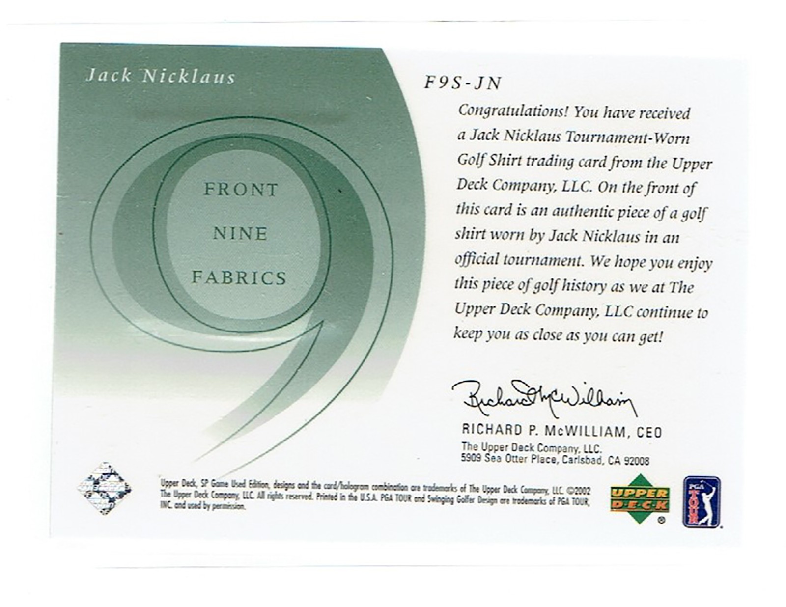 Jack Nicklaus  2002 SP Game Used Edition Front 9 Fabric Relic #F9S-JN HOF view 2